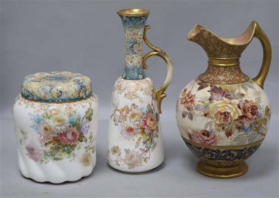 A Doulton Burslem roses ewer and a similar floral jug and biscuit barrel